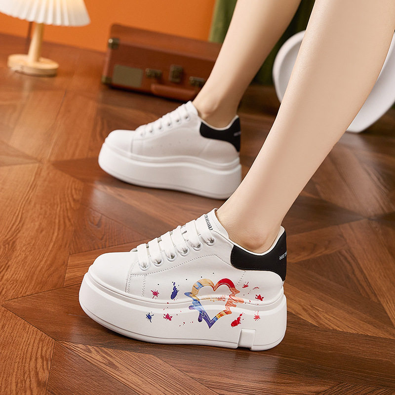 Giày sneaker nữ chạy bộ mesh thoáng đế wedge 8 cm — Trắng, đen, Trắng