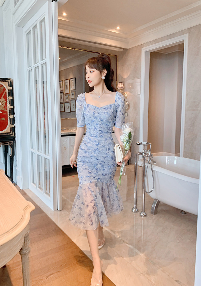 Đầm maxi nữ thắt eo cổ vuông họa tiết hoa tay bồng — [Xanh nhạt] chi tiết 9