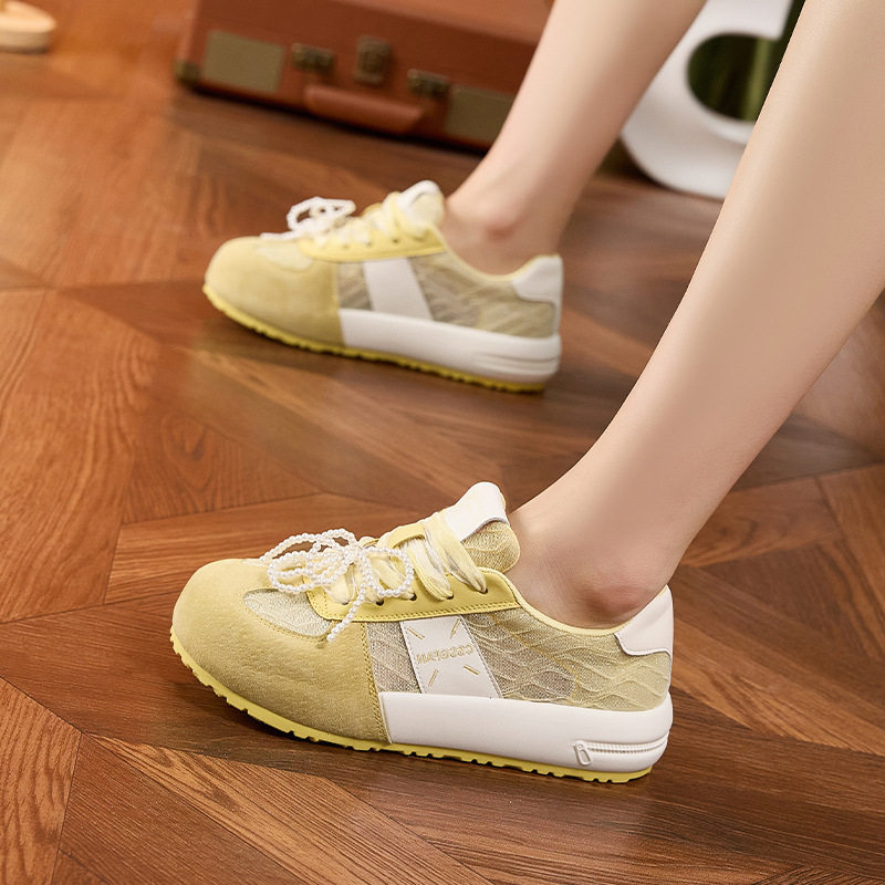Giày sneaker nữ chạy bộ mesh thoáng đế dày chống trượt gót 3-5 cm — Hình cầu, Bột gạo trắng, Len nguyên chất