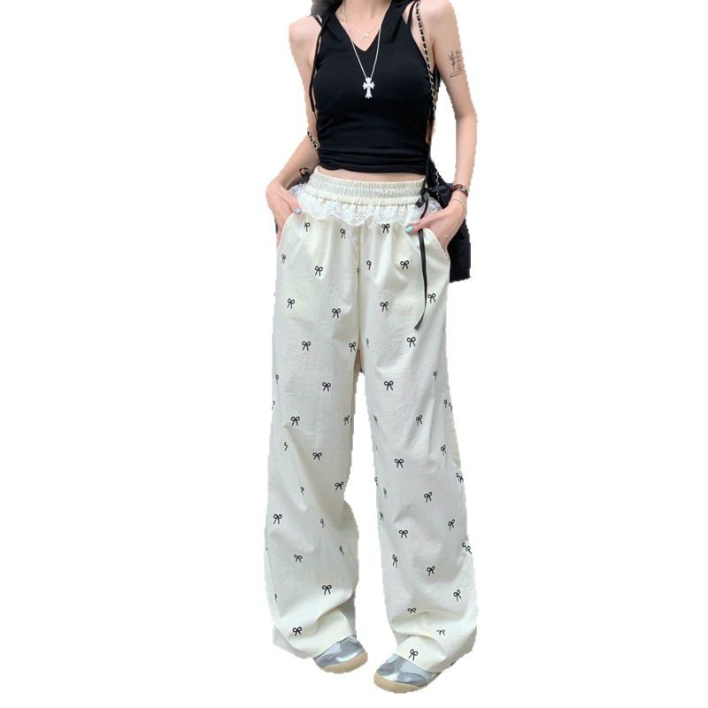 Summer Womens Casual Pants Lace Trim Bow Detail Loose Fit Wide Leg Perfect for Everyday Wear Wholesale Available