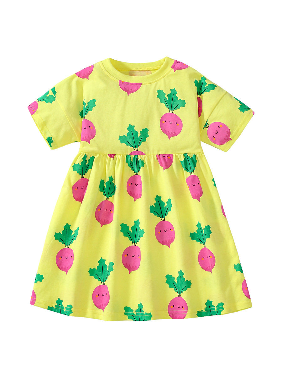 Girls' Summer Cotton Short-Sleeve Dress, Cute Radish Print Kids' Dress
