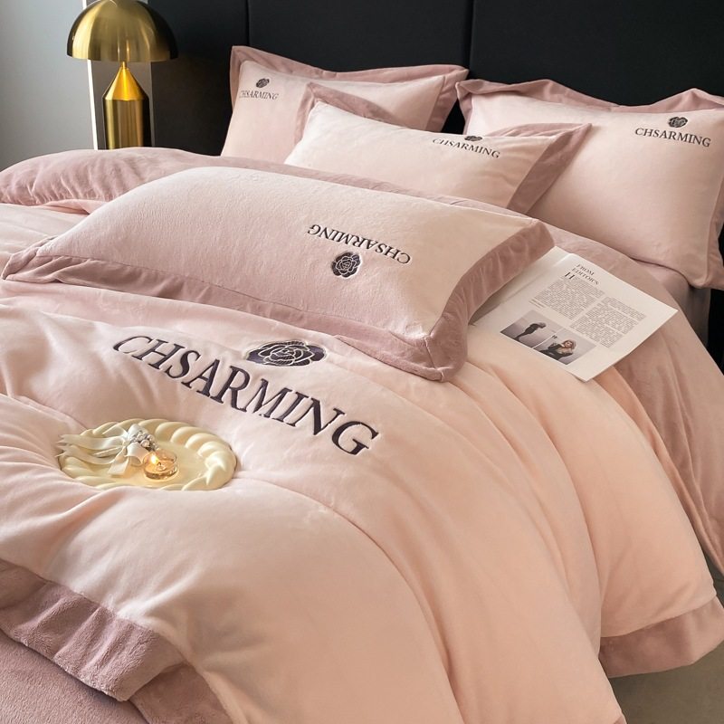 Light luxury style embroidered milk velvet bed four-piece set Winter thickened coral velvet flannel bed sheet quilt cover three-piece set