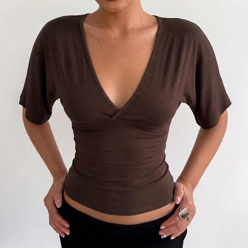 Womens Summer T Shirt Solid Color Slim Fit Deep V Neck Short Sleeve Versatile Casual Wear Wholesale Available