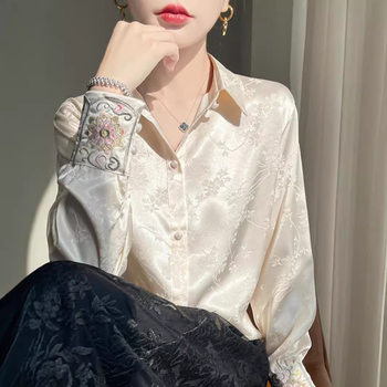 New Chinese Acetic Acid Satin Jacquard Shirt Women's 2025 New Vintage National Style Tang Style Top Design Long Sleeve Shirt