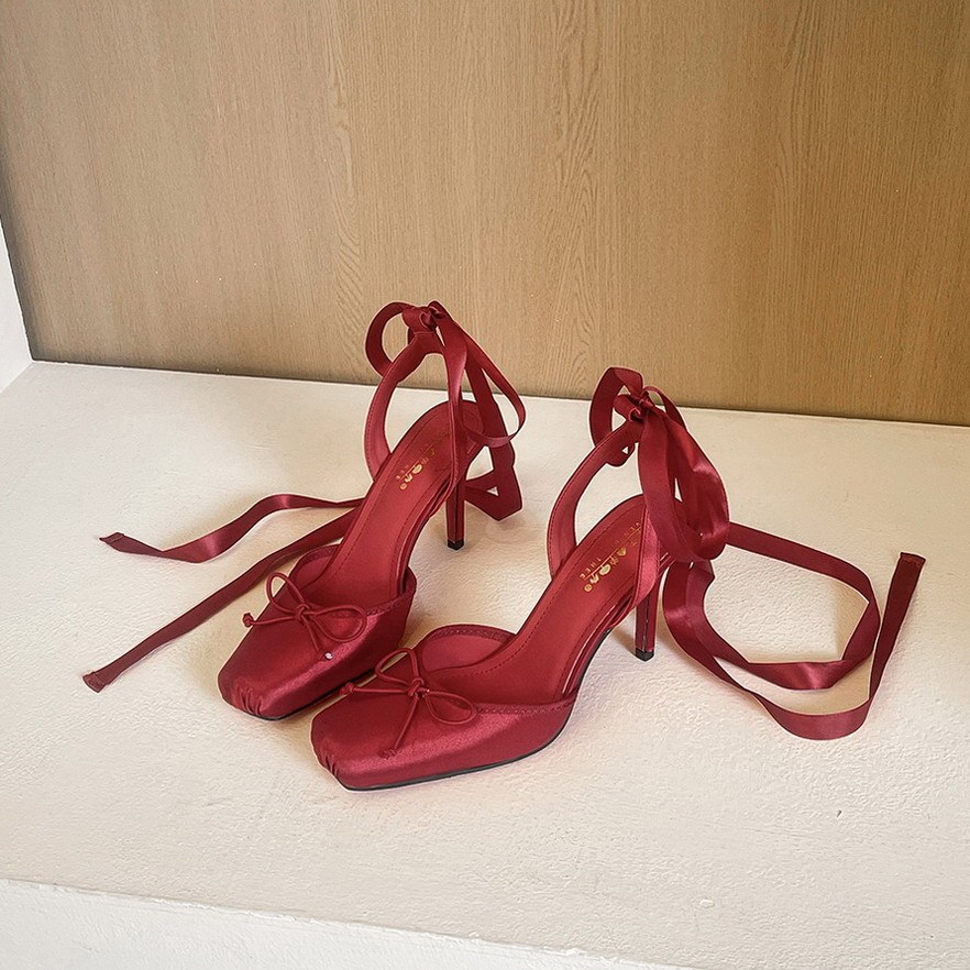 Giày cao gót nữ mũi vuông phong cách ballet, thắt nơ ren quai buộc, đế nhọn mặt satin — màu đen, màu đỏ, Màu tím, Rượu sâm pan
