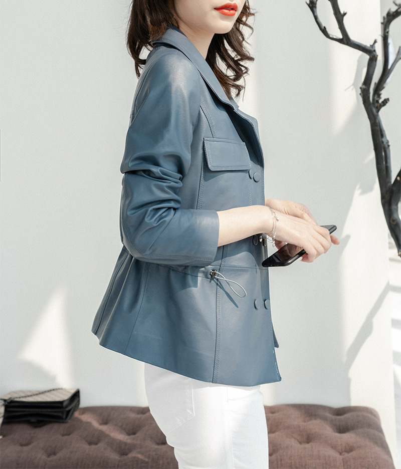 Áo khoác da nữ ngắn dáng bó eo cổ vest — Màu đen, Màu Kaki, Màu xanh lam sương mù