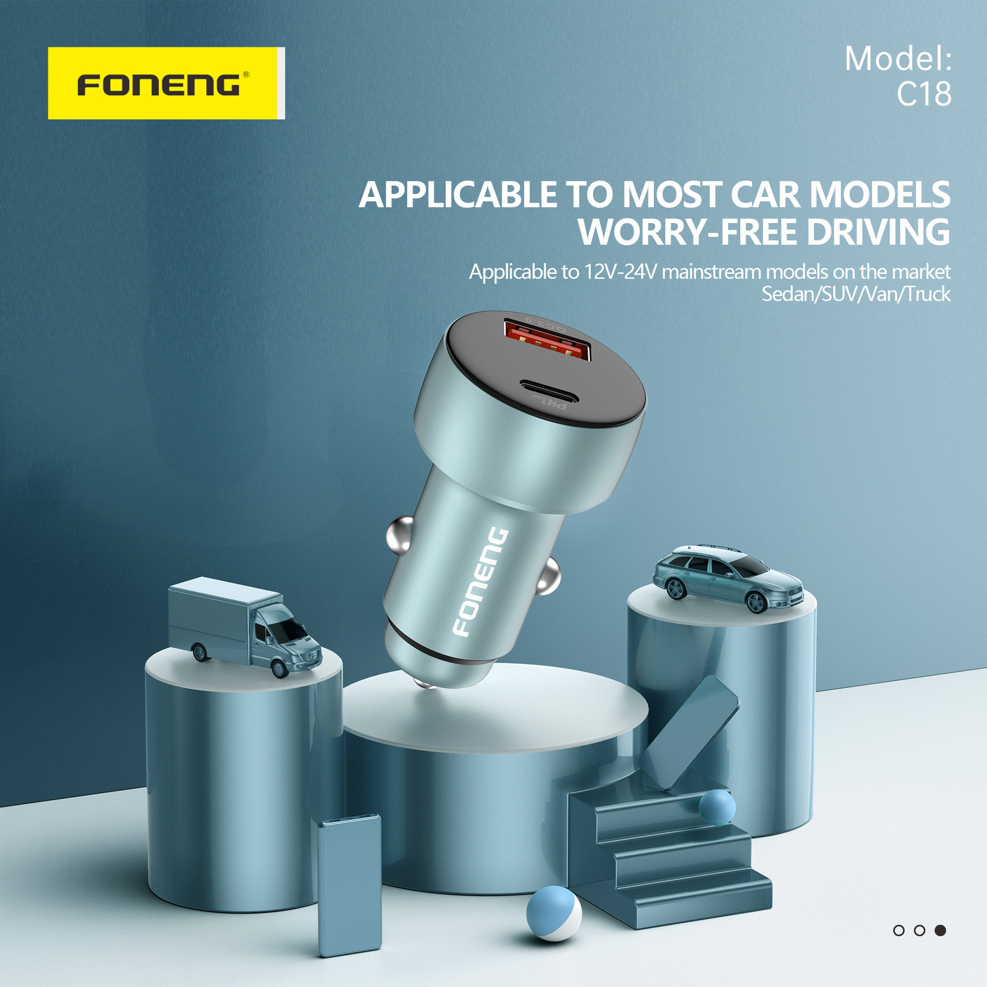 Fengneng C18 Aluminum Alloy Mini Car Charger Dual Port A+C Smart Qc3.0 Super Fast Charging Pd Car Charger 48W