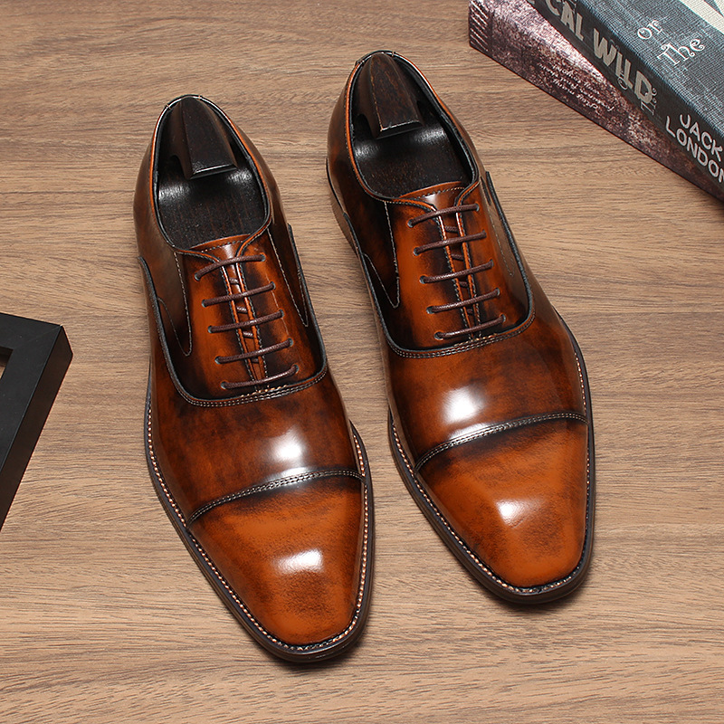Giày Oxford nam da bò thật đánh màu thủ công, giày công sở dự tiệc — Xanh ngọc lam, màu đen, Màu đỏ rượu, Màu nâu vàng