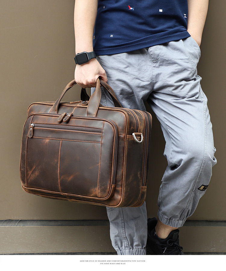 Cặp da thật nam công sở đựng laptop 17 inch dáng briefcase cổ điển — Da sáp dầu màu cà phê, Da Napa màu đen, Da ngựa điên Màu nâu sẫm (YKK), Napa đen (YKK)