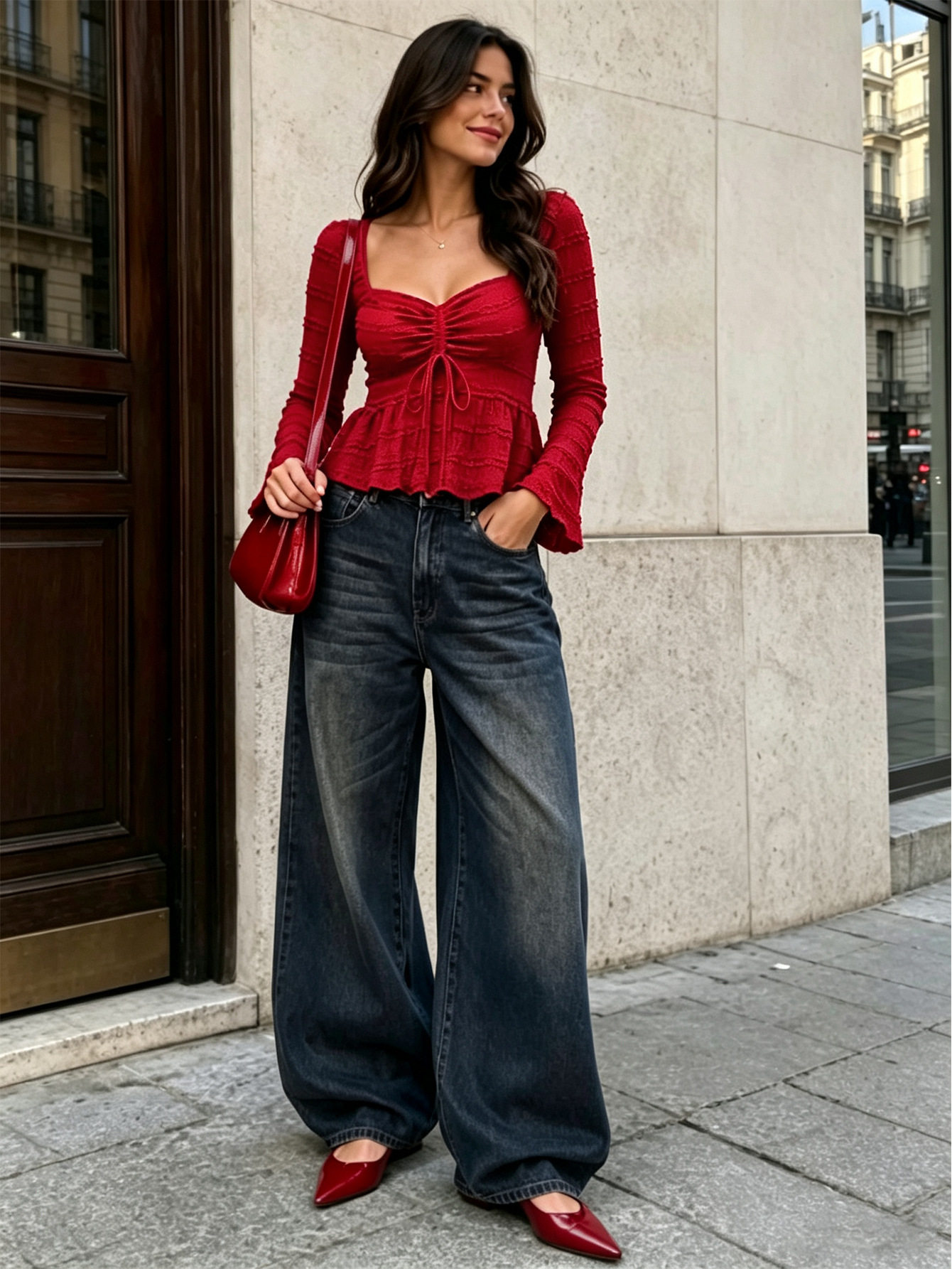 Vintage Red Textured Top Square Neck Drawstring Waist Backless Ruffle Bell Sleeves Autumn Winter Fashion