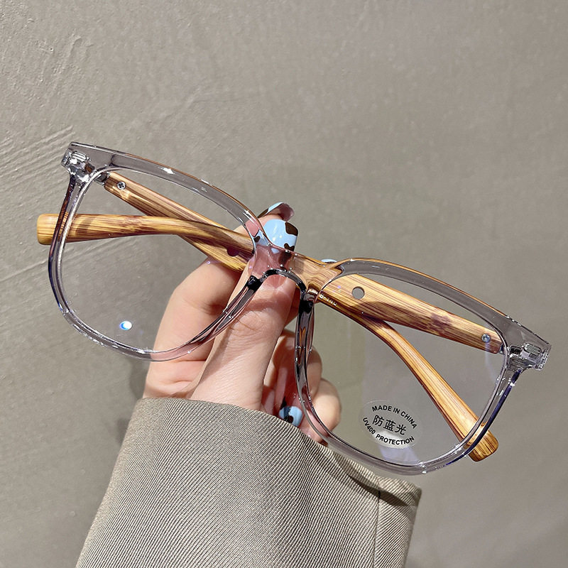 New Asymmetrical Tr90 Anti-Blue Light Glasses Korean Style Retro Wood Grain Leg Square Frame Can Be Equipped with Prescription Plain Glasses Frame