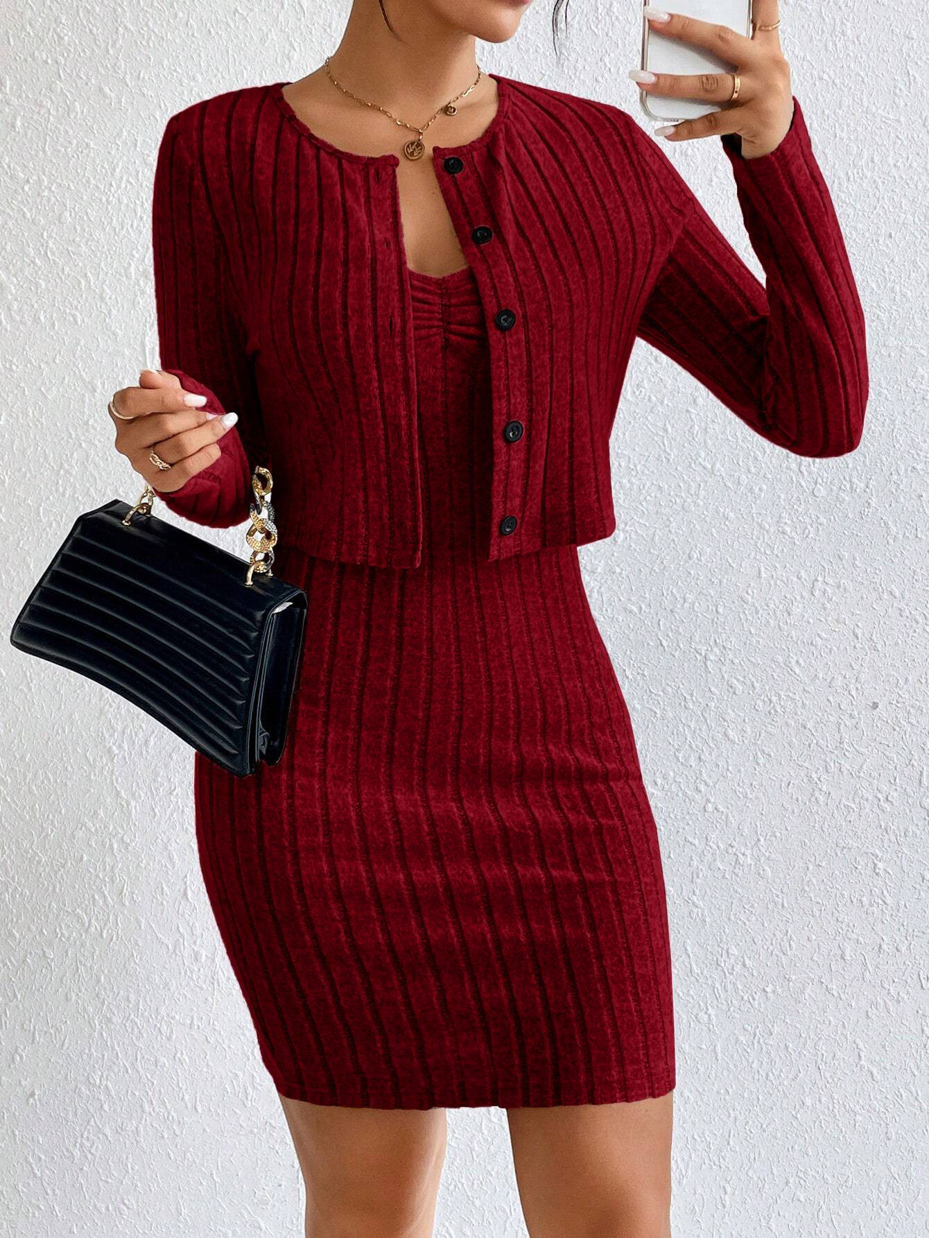 Amazon Cross-Border Women's French Pure Desire Fashion Suit Autumn and Winter New Slim Short Outwear Dress Two-Piece Set