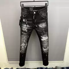 Spring and Summer 2025 New D2 Trendy Men's Washed Grinding Hole Patch Paint Slim-fit Feet Black Jeans Men's Fried Street