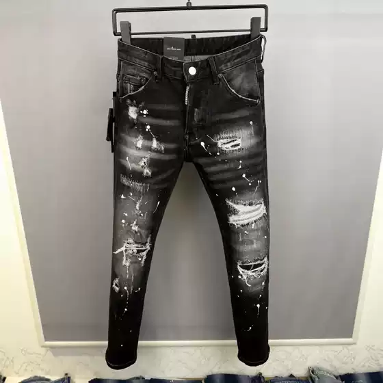 Spring and Summer 2025 New D2 Trendy Men's Washed Grinding Hole Patch Paint Slim-fit Feet Black Jeans Men's Fried Street