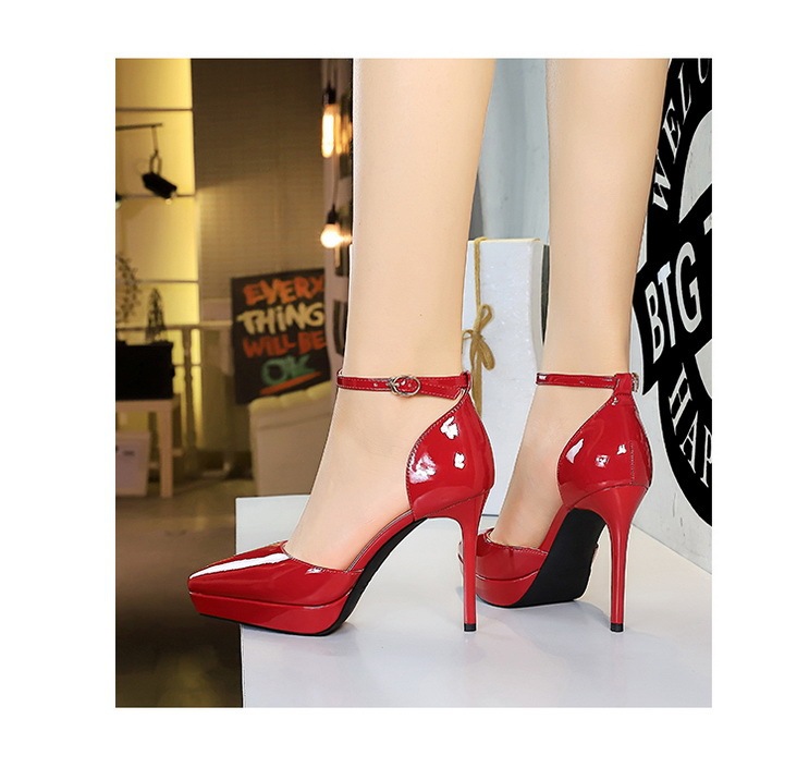 Sandal cao gót nữ mũi nhọn quai ngang da bóng gót nhọn phong cách Âu Mỹ — Màu đen, Màu đỏ, Màu nude