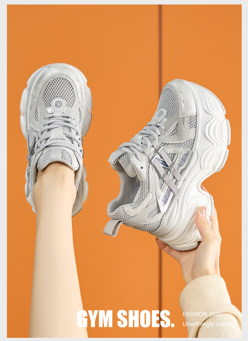 Giày sneaker nữ chunky đế dày lưới thoáng khí mùa hè — Trắng, Xám chi tiết 11