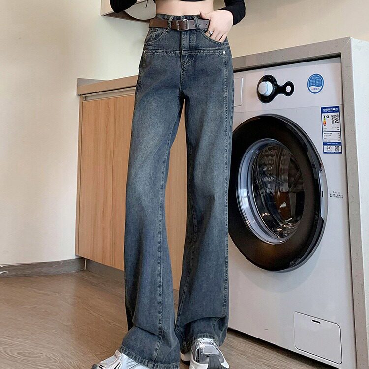 High Waisted Wide Leg Jeans for Women Cement Gray Vintage Style Loose Fit Floor Length Spring and Autumn Fashion