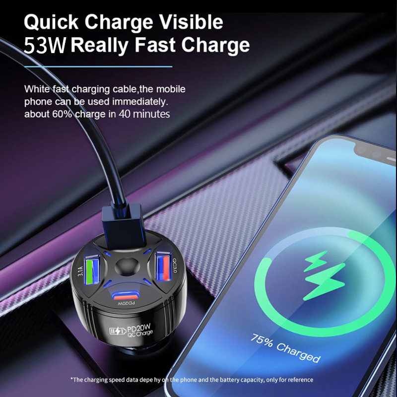 Car Charger 63W Super Fast Charging Multi-Port Car Charger Cigarette Lighter Conversion Plug One to Four Car Charger Fast Charging