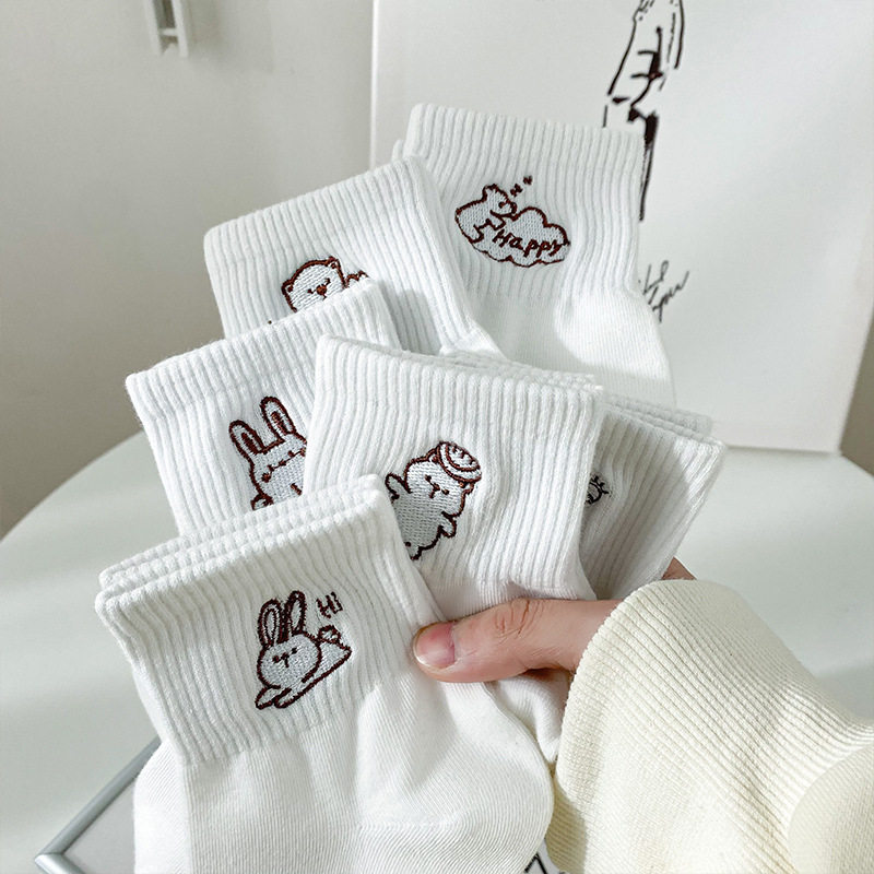 袜子女春夏纯棉中筒袜日系纯色可爱卡通小兔刺绣女袜诸暨袜子批发