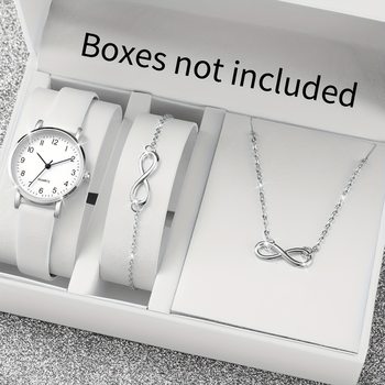 Fashionable Women's Quartz Watch, Pu Leather Strap and Jewelry Set, Alloy Case Simple Watch with Large Dial
