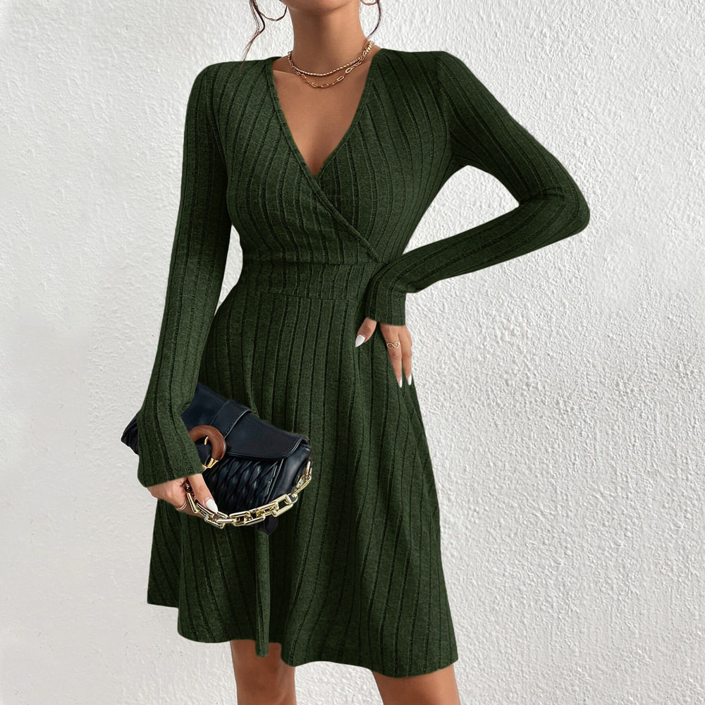 Womens Long Sleeve V Neck Dress Slim Fit Soft Corduroy Fabric Elegant Design Perfect for Parties or Casual Outings