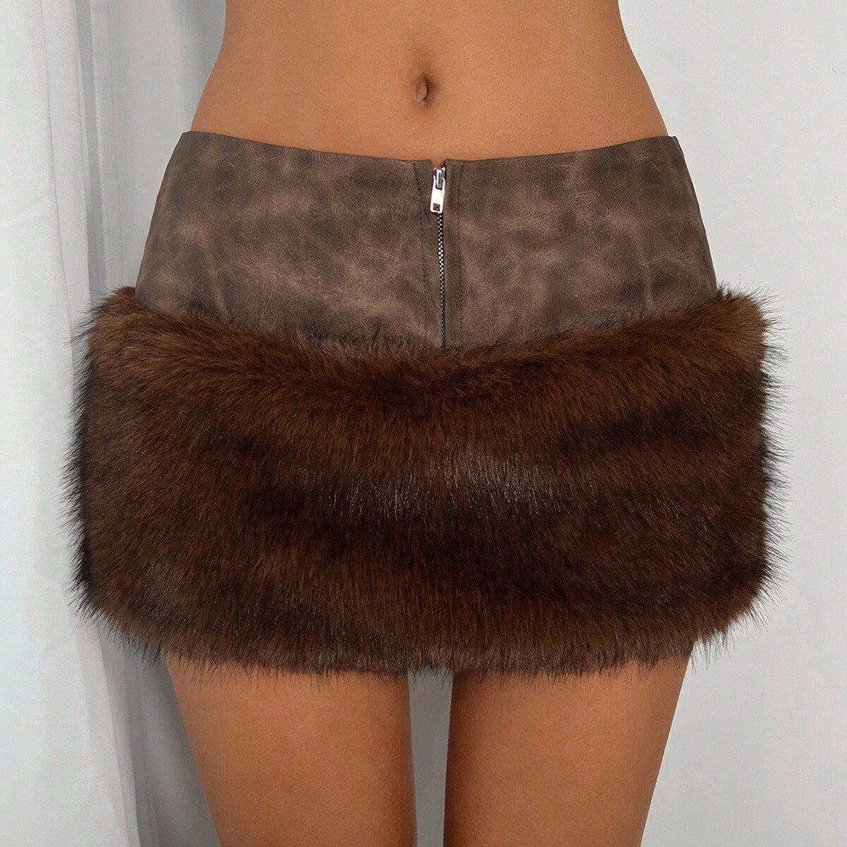 Bodycon Mini Skirt Faux Fur Patchwork Low Waist Sexy Fit Night Out Party Wear Ready to Ship