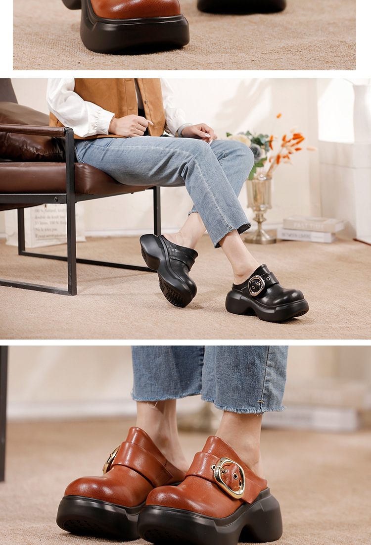 Sandal nữ quai ngang bít mũi đế dày da bò thật phong cách cổ điển — màu đen, Màu nâu