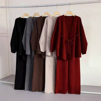 Lazy Coat Sweater Fashion Suit Autumn and Winter New Loose Knitted Waist Cardigan Casual Wide-Leg Pants Two-Piece Set