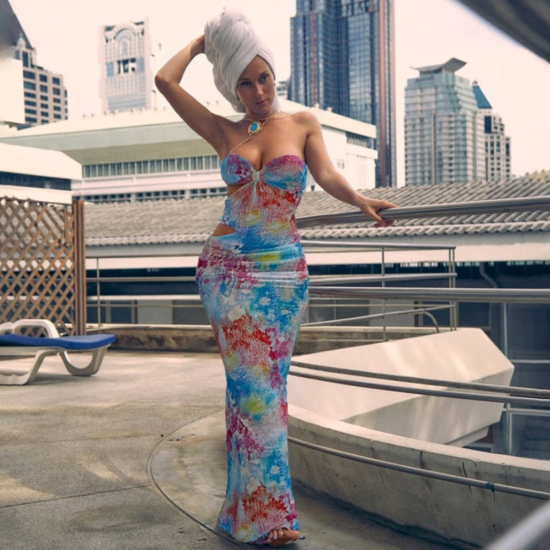 Sleeveless Color Block Printed Bodycon Maxi Dress Hollow Out Design Sexy Fit Spring Summer Fashion Wholesale Available
