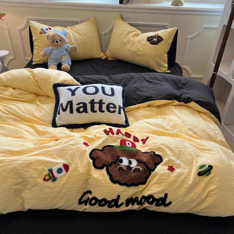 Ins Light Four-Piece Set 2025 New Washed Cotton Bed Sheet Duvet Cover Bedding Student Single Dormitory Three-Piece Set