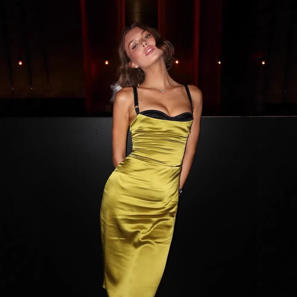 Elegant Green Satin Color Block Strapless Dress High Quality Fabric Chic Design Perfect for Parties Wholesale