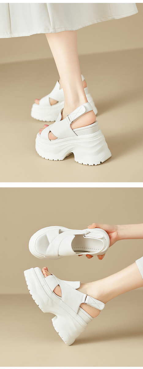 Sandal La Mã nữ quai ngang hở mũi đế dày tăng chiều cao, khóa dán tiện lợi — Màu đen, Màu trắng