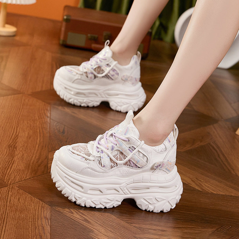 Giày sneaker nữ chunky đế dày phong cách thể thao, mũi tròn, dây buộc, đế cao siêu cao 8cm — Trắng Tím, Xám Xanh