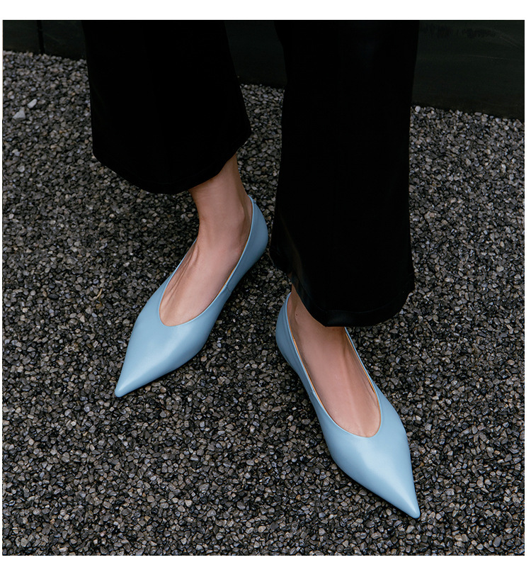 Giày cao gót nữ mũi nhọn gót thô 3cm da bò thật, giày slip-on thanh lịch dễ phối đồ — Chu Guli, Màu trà sữa, màu xanh mờ