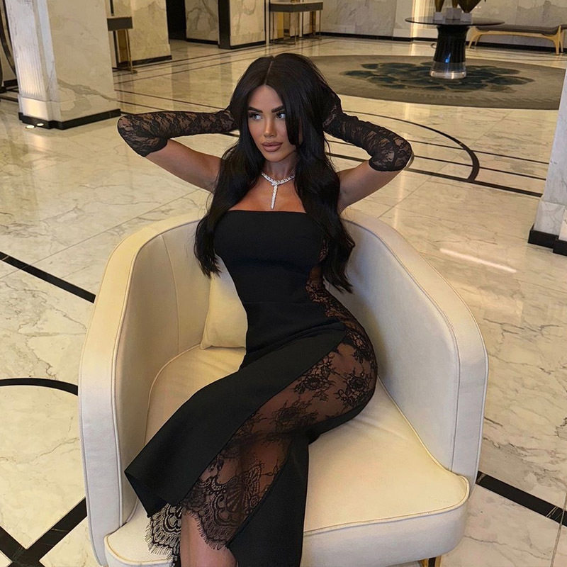 Bodycon Lace Panel Maxi Dress Strapless Sheer Sexy Elegant Perfect for Parties and Night Out Wholesale Available