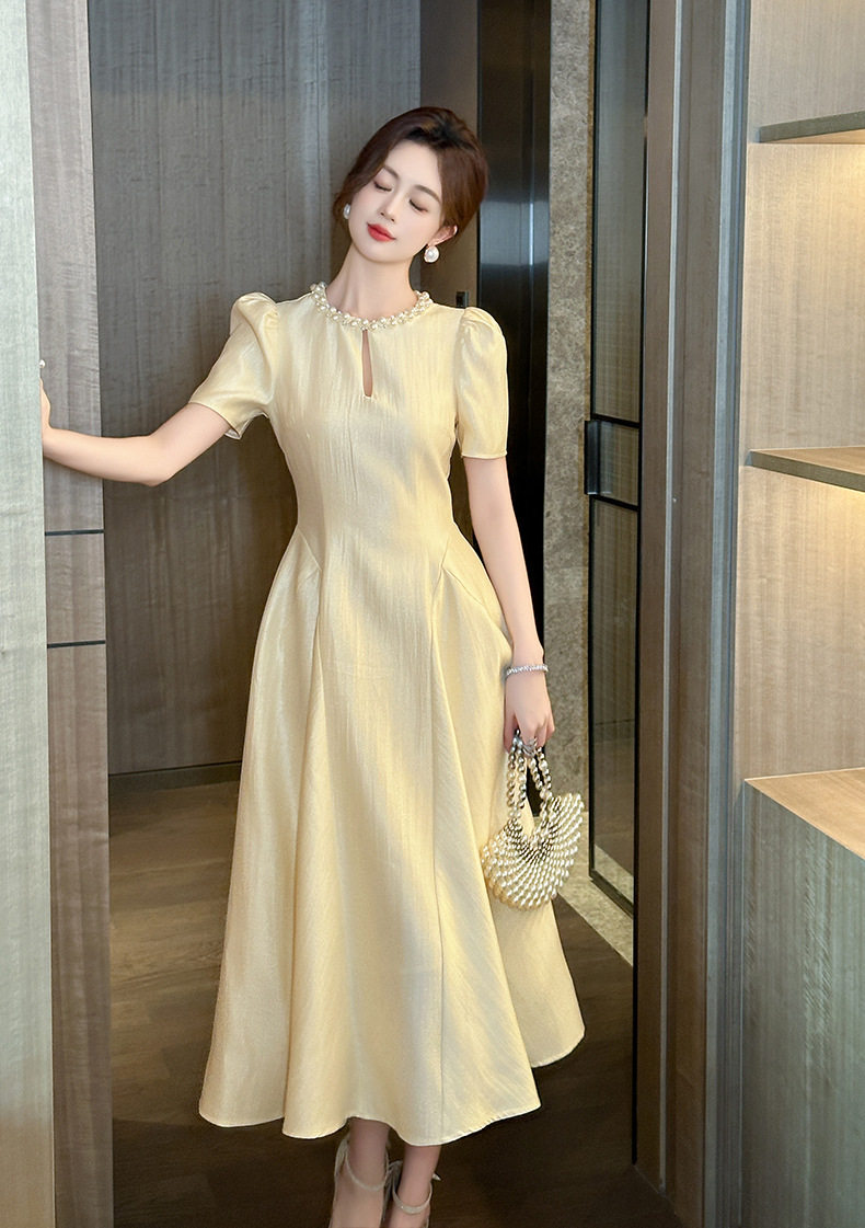 Đầm maxi nữ thắt eo cổ tròn tay ngắn phong cách Pháp — [Màu champagne] chi tiết 7