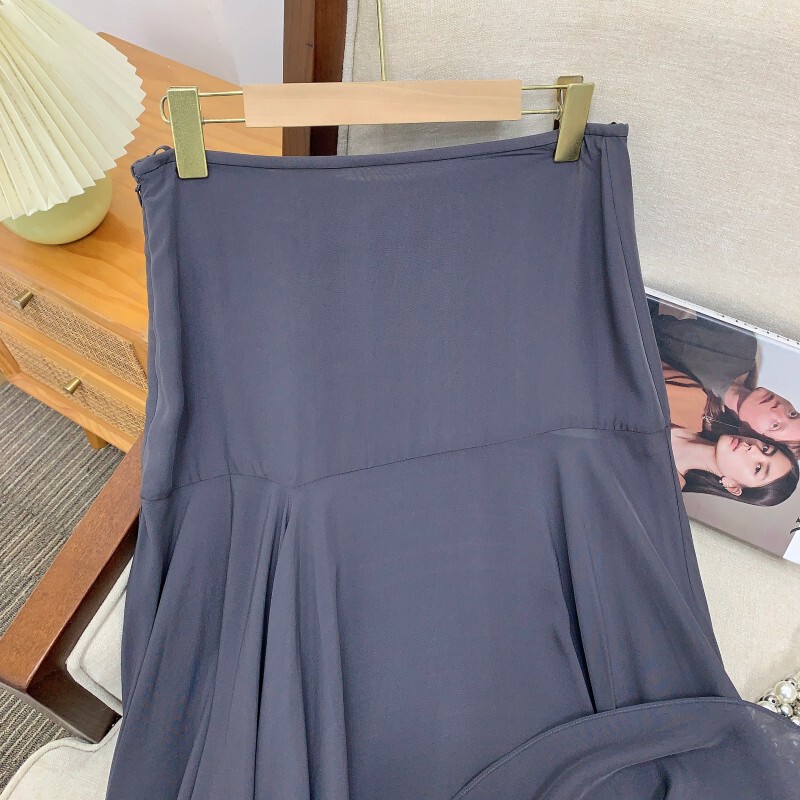 Chân váy nữ hai lớp voan lụa ghép nối gấu váy bất đối xứng — Đen kinh điển, Đồ thiếc xám, Hồ đào nâu đậm, Trắng xương