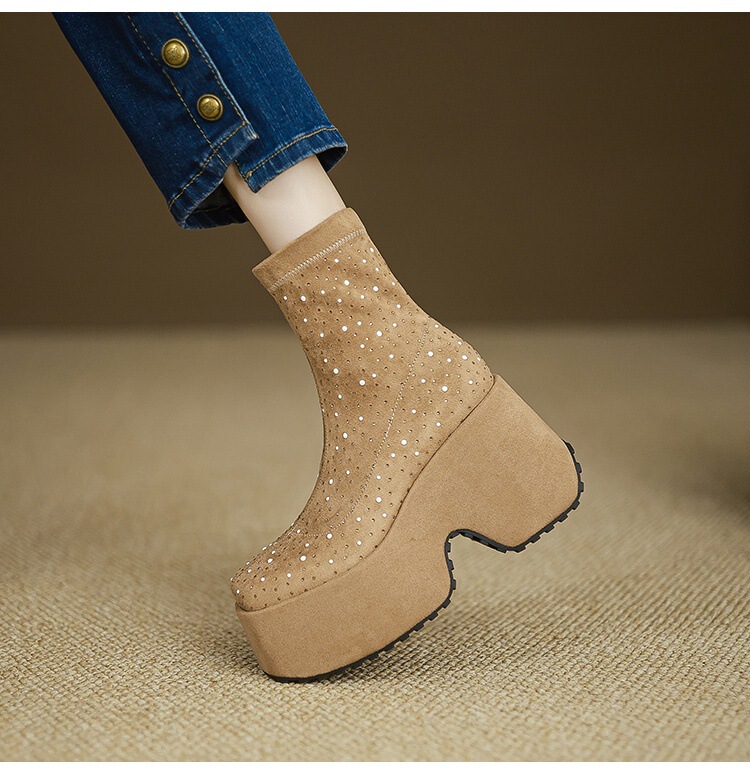 Boot nữ cổ thấp gót siêu cao 11cm đế xuồng đính đá pha lê — Lớp lót đơn màu be, Lớp lót đơn màu đen, Lót nhung đen, Lót nhung màu be