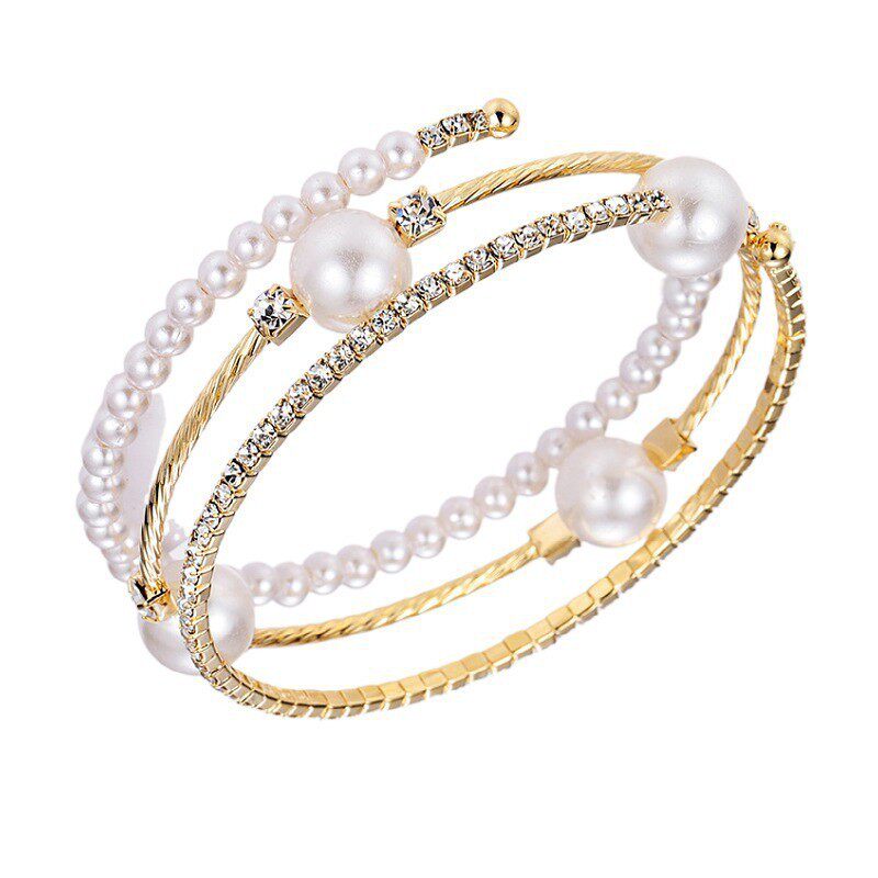 Cross-Border Popular Full Diamond Elastic Bracelet European and American 3-Layer Spring Bracelet Female Bride Pearl Crystal Rhinestone Bracelet