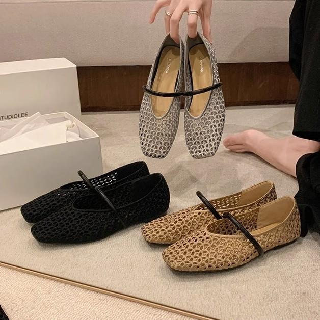 square toe hollow breathable woven single shoes for women spring and summer new style versatile soft surface shallow mouth temperament one-word Mary shoes