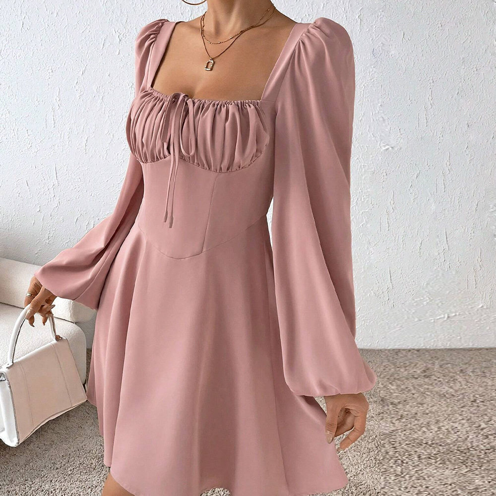 A Line Dress Waist Defined Puff Sleeves Square Neck Sweet Style for Autumn and Winter Wholesale Available