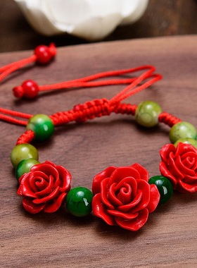 欧美跨境新款玫瑰花手链民族风花朵串珠可调节女式红绳手链