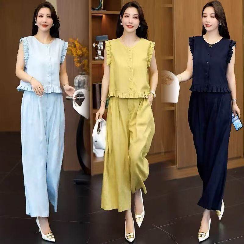 Fashion Suit for Women 2025 Summer New Style Slimming Ear-Hem Sleeveless Vest and Wide-Leg Pants Two-Piece Set