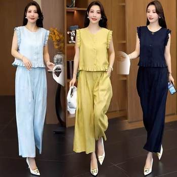Fashion Suit for Women 2025 Summer New Style Slimming Ear-Hem Sleeveless Vest and Wide-Leg Pants Two-Piece Set