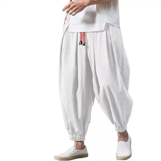 Foreign Trade Summer New Men's Bloomers Loose Cotton and Linen Ankle Pants Men's Wide Leg Pants Harlan Footless Pants