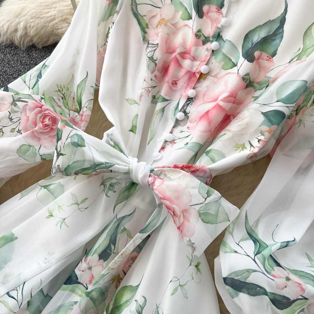 French Romantic Floral Print Long Sleeve V Neck Tie Waist A Line Dress for Women Elegant Spring Fashion Wholesale
