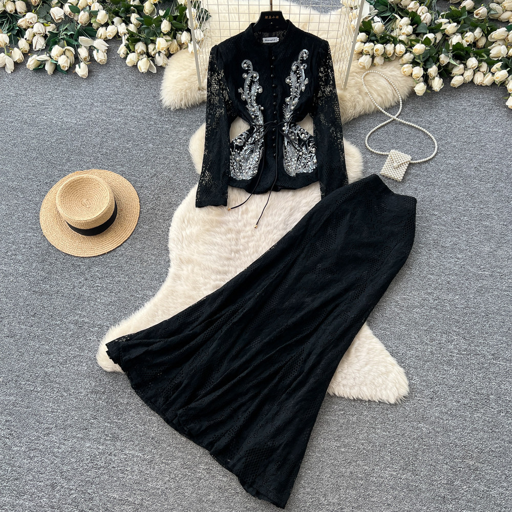 French Style Two Piece Set Beaded V Neck Lace Detail Slim Fit Summer Office Wear for Elegant Women Wholesale