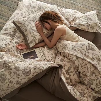 Light Luxury Cotton 100 Long-staple Cotton Thickened Sanding Four-piece Set Autumn and Winter Cotton Quilt Cover Three-piece Bedding