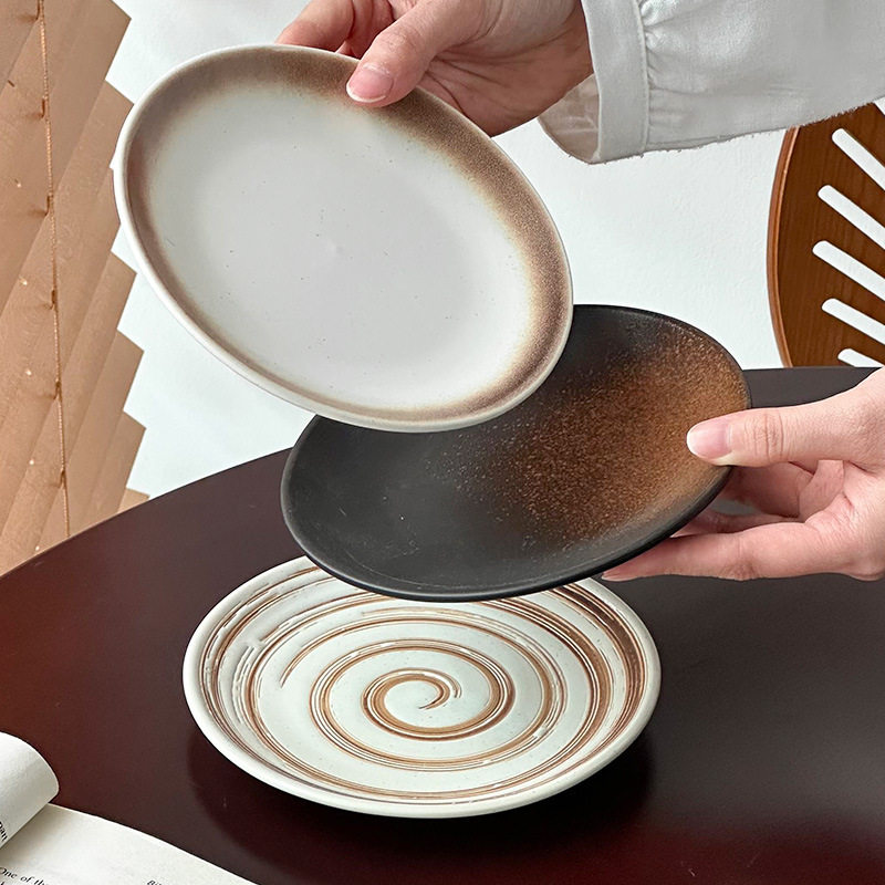 Japanese Retro Coil Ceramic Dessert Plate Steak Western Food Plate High-End Pasta Plate Cake Plate Round Plate Breakfast Plate