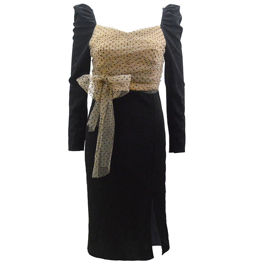 French Style Polka Dot Long Sleeve Bodycon Dress Square Neck Bow Tie Side Slit Mid Length Perfect for Parties and